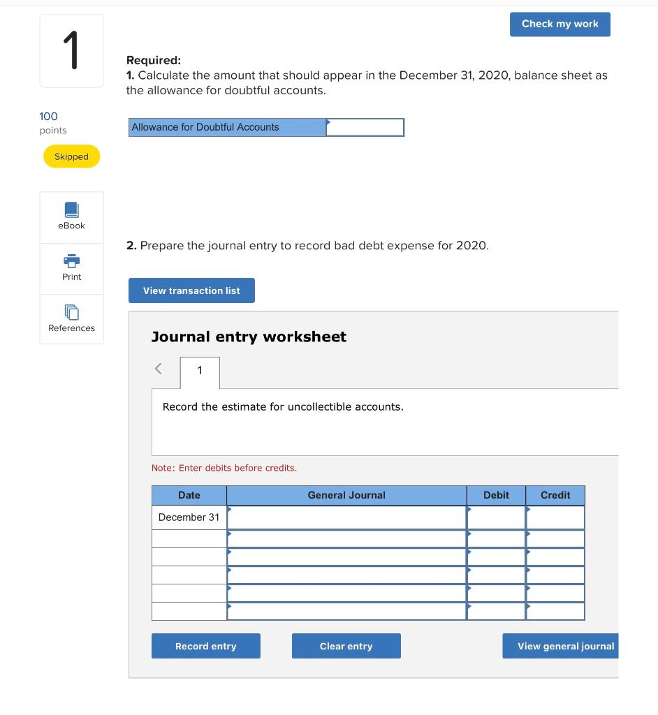1 On December 31, 2020, Toro Company's Allowance for Doubtful Accounts had