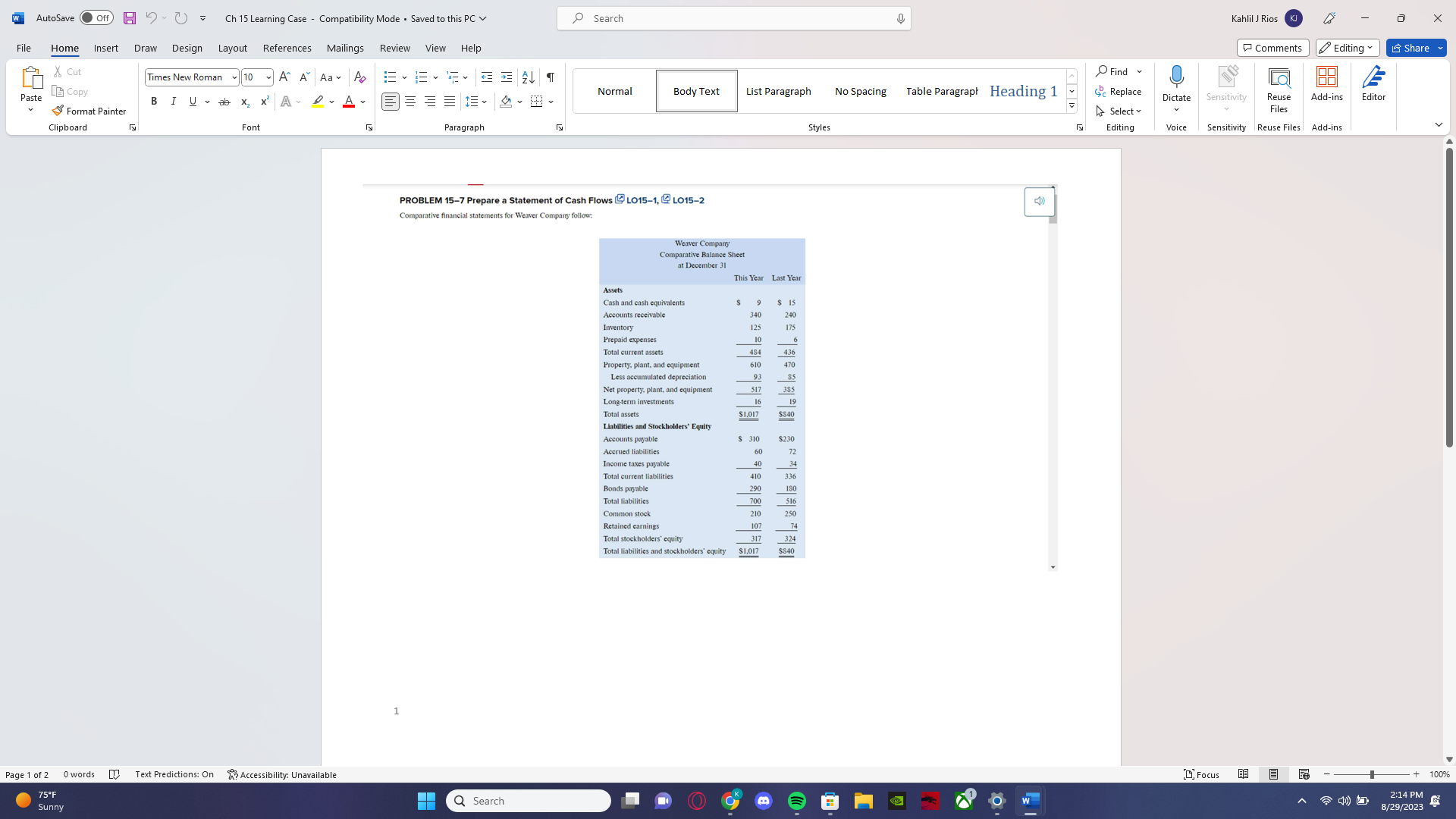 AutoSave Off = Ch 15 Learning Case - Compatibility Mode -