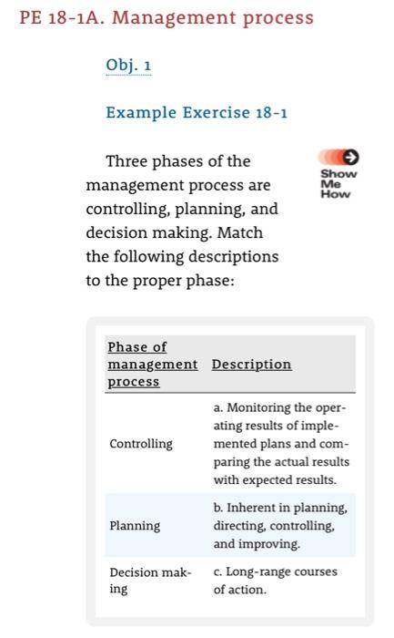  PE 18-1A. Management process Obj. 1 Example Exercise 18-1 Show Me
