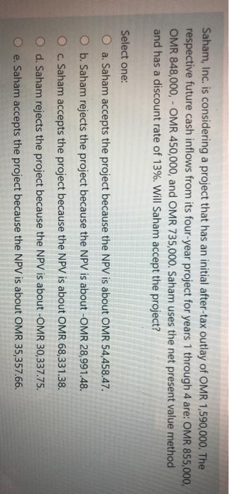  Saham, Inc. is considering a project that has an initial after-tax