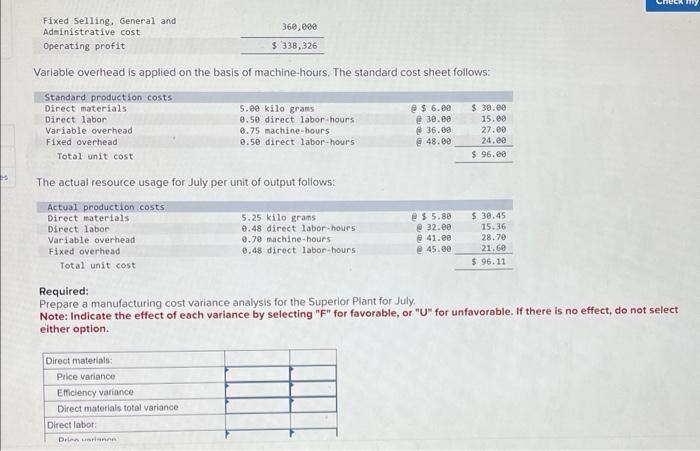 Harlow Parts produces a single product at its Superior Plant. The master