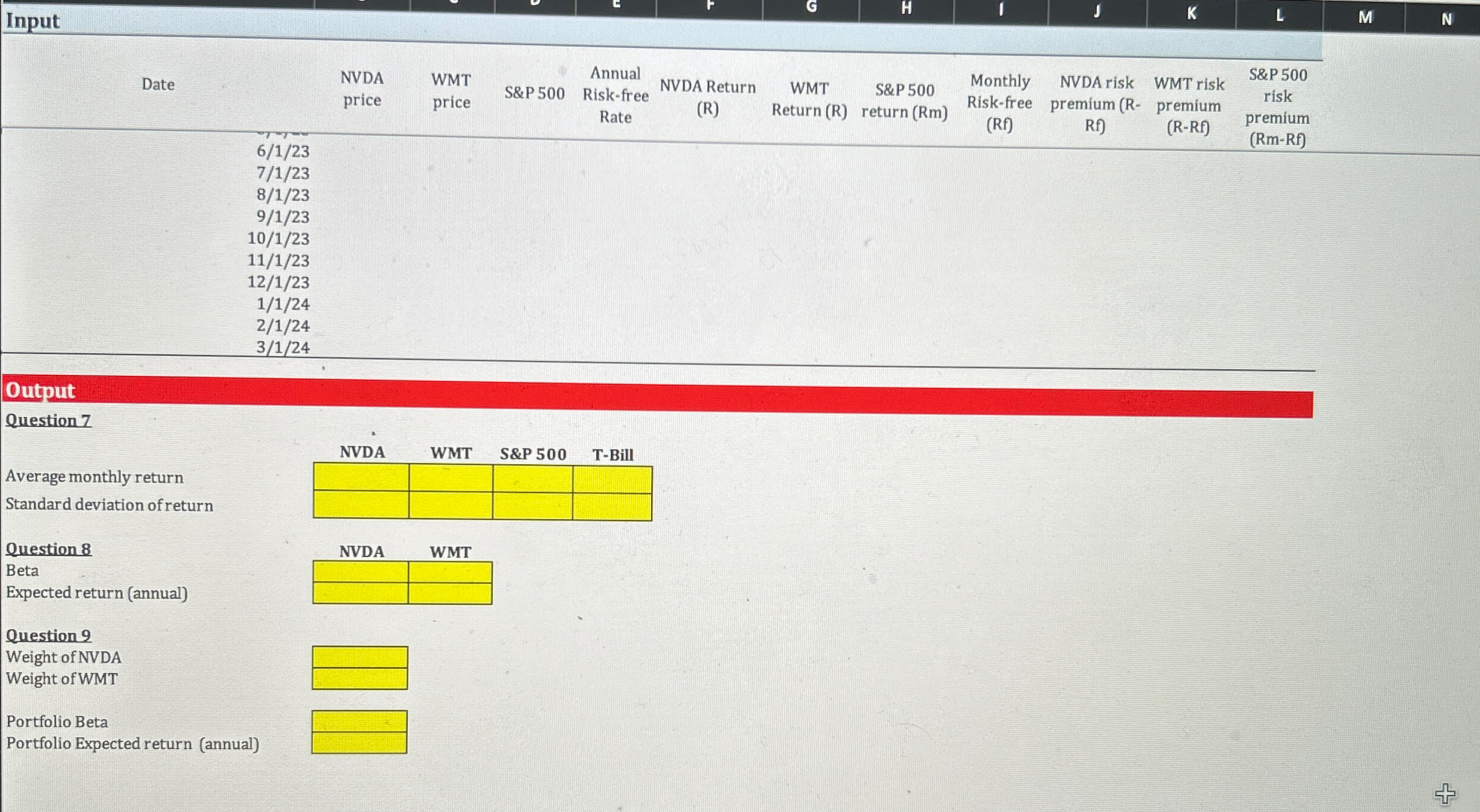  \table[[Input,,,,+,,,,H,I,J,K,L The dates start from 3/1/18,4/1/18,5/1/18, and so on, all the
