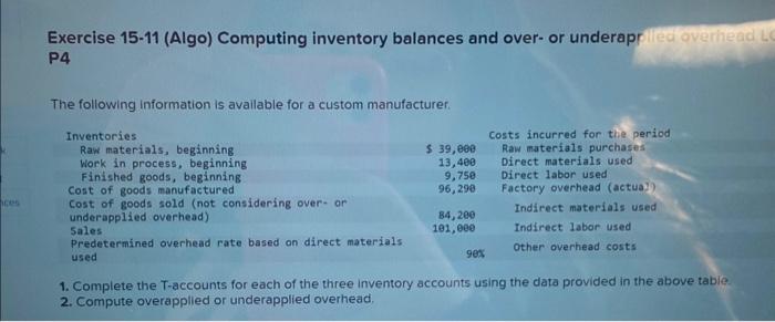  Exercise 15-11 (Algo) Computing inventory balances and over- or underapr P4