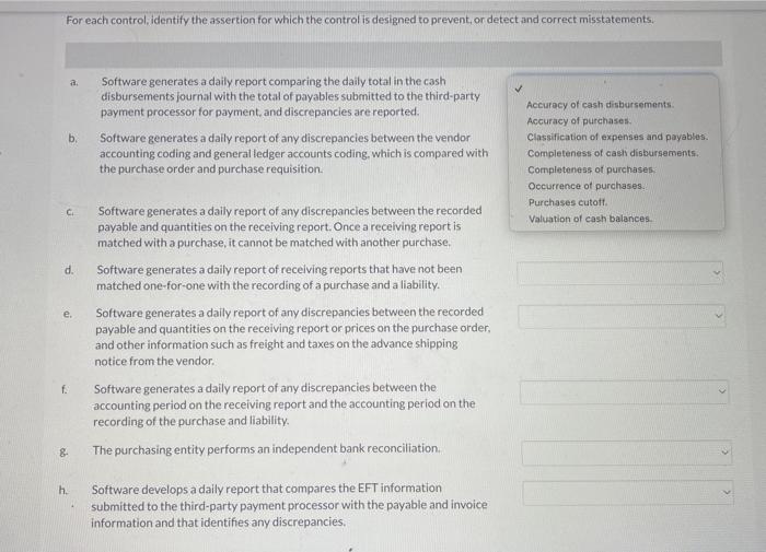 please answer a-h For each control, identify the assertion for which the