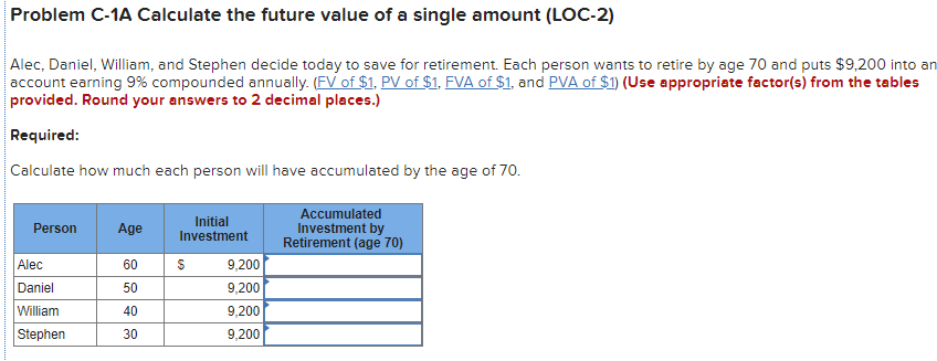  Problem C-1A Calculate the future value of a single amount (LOC-2)