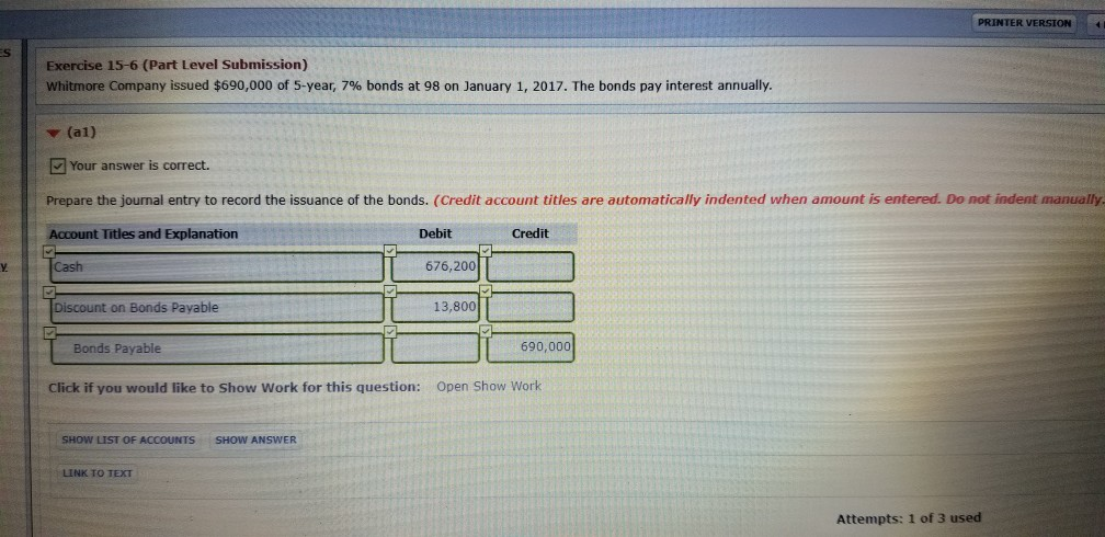 PRINTER VERSION ES Exercise 15-6 (Part Level Submission) Whitmore Company issued
