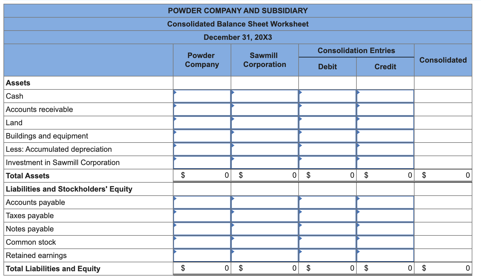 needed to prepare a consolidated balance sheet as of December 31, 20X3.