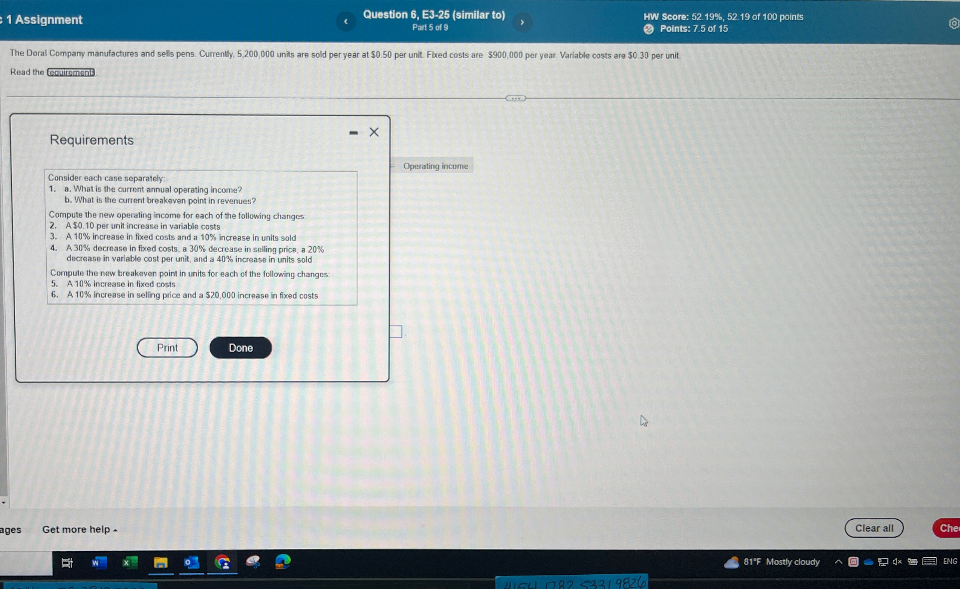  1 Assignment Question 6, E3-25(similar to) HW Score: 52.19%,52.19 of 100