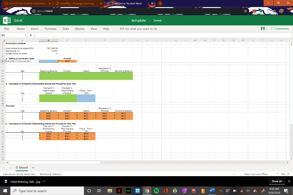 Excel Online Structured Activity: Amortization schedule The data on a loan has