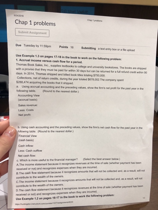  924/2018 Chap 1 problems Chap 1 problems Submit Assignment Due Tuesday