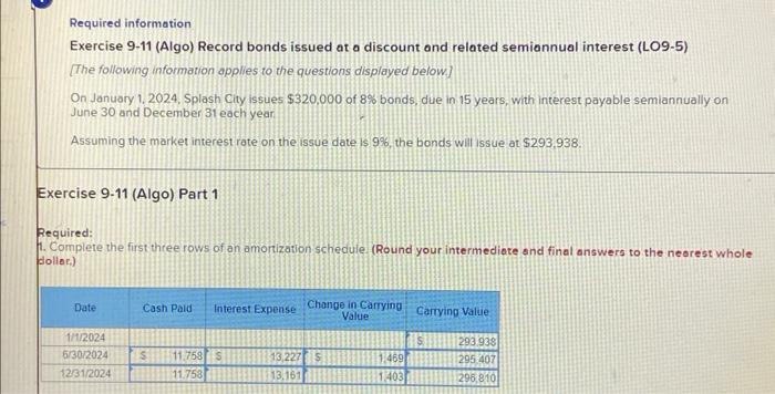  Required information Exercise 9-11 (Algo) Record bonds issued at a discount