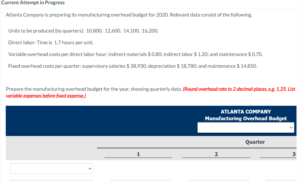  Current Attempt in Progress Atlanta Company is preparing its manufacturing overhead