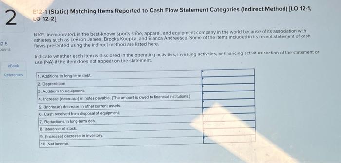  E12-1 (Static) Matching Items Reported to Cash Flow Statement Categories (Indirect