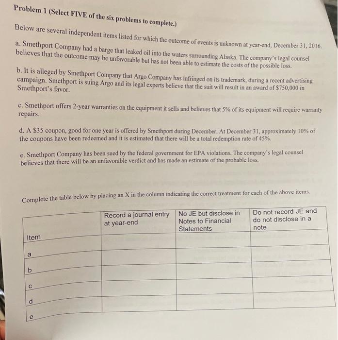  Problem 1 (Select FIVE of the six problems to complete.) Below