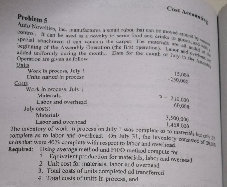 Topic: Average and FIFO Costing Cost Accounting Problem 5 15,000 - 250,000