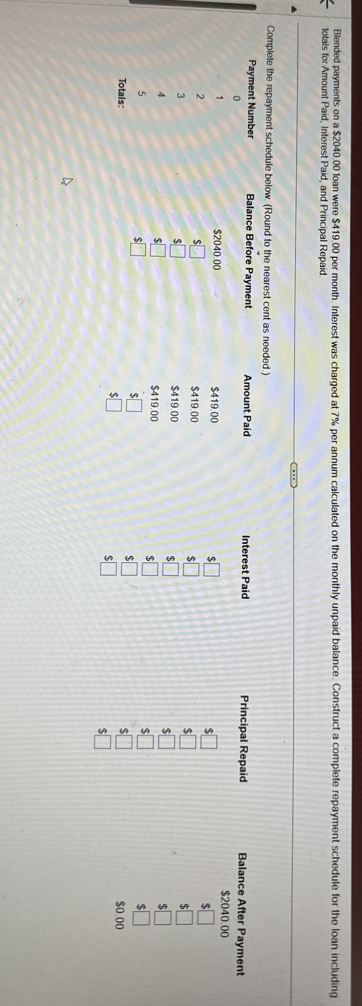  Blended payments on a $2040.00 loan were $419.00 per month. Interest