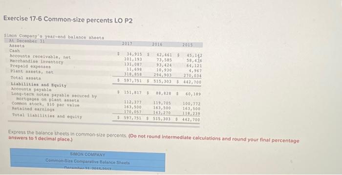  Exercise 17-6 Common-size percents LO P2 2017 2016 2015 Simon Company