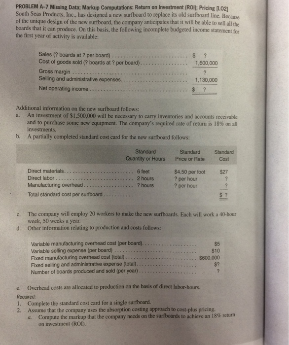  PROBLEM A-7 Missing Data; Markup Computations: Return on Investment (ROI); Pricing