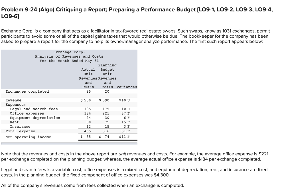 Problem 9-24 (Algo) Critiquing a Report; Preparing a Performance Budget [LO9-1,