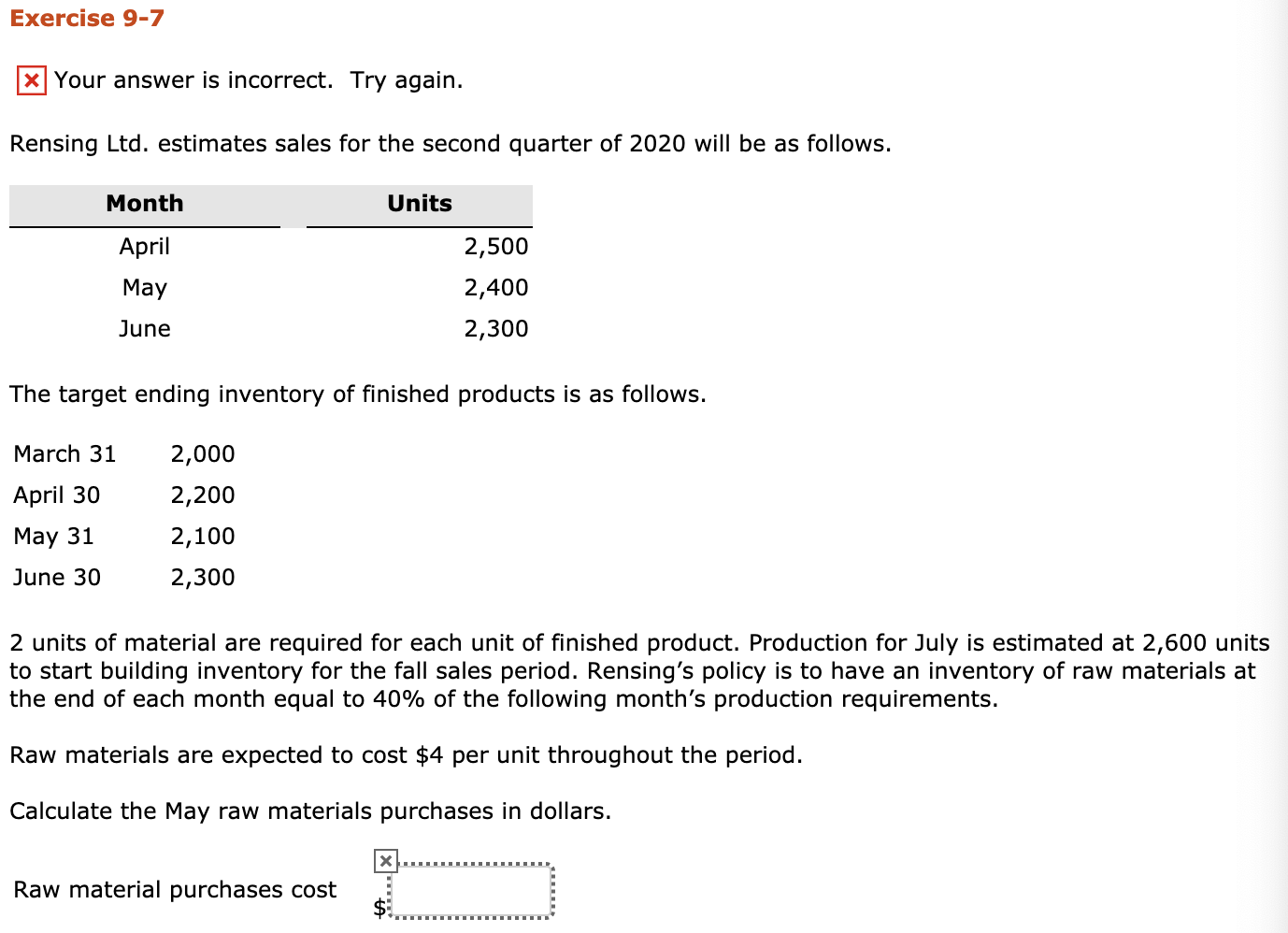  Exercise 9-7 x Your answer is incorrect. Try again. Rensing Ltd.
