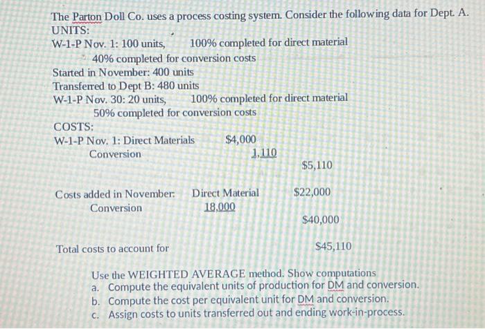  The Parton Doll Co. uses a process costing system. Consider the