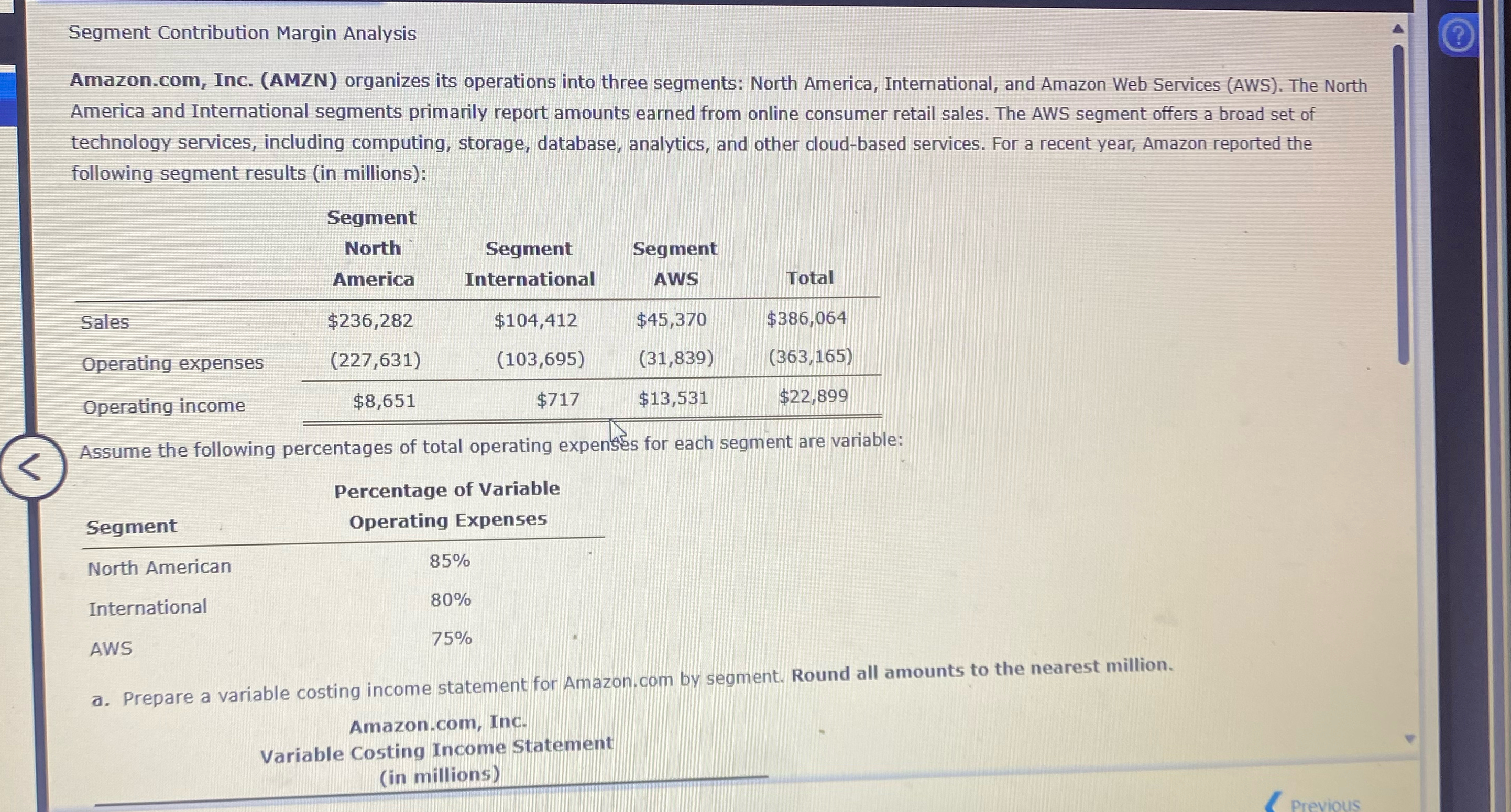  Segment Contribution Margin Analysis Amazon.com, Inc. (AMZN) organizes its operations into