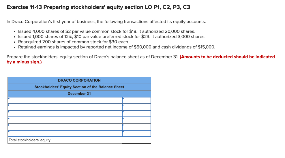 Exercise 11-13 Preparing stockholders' equity section LO P1, C2, P3, C3