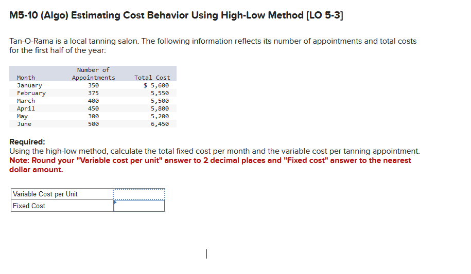  M5-10 (Algo) Estimating Cost Behavior Using High-Low Method [LO 5-3] Tan-O-Rama