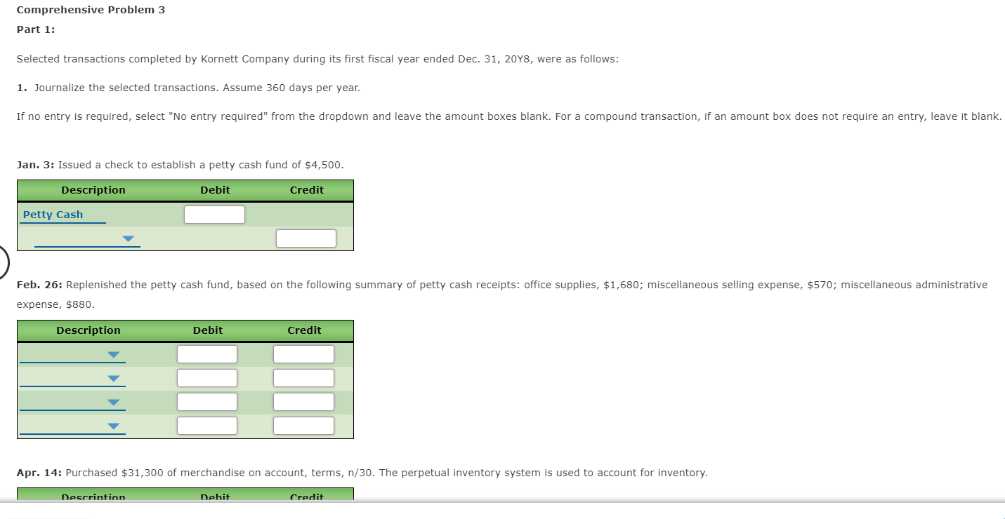  Comprehensive Problem 3 Part 1: Selected transactions completed by Kornett Company