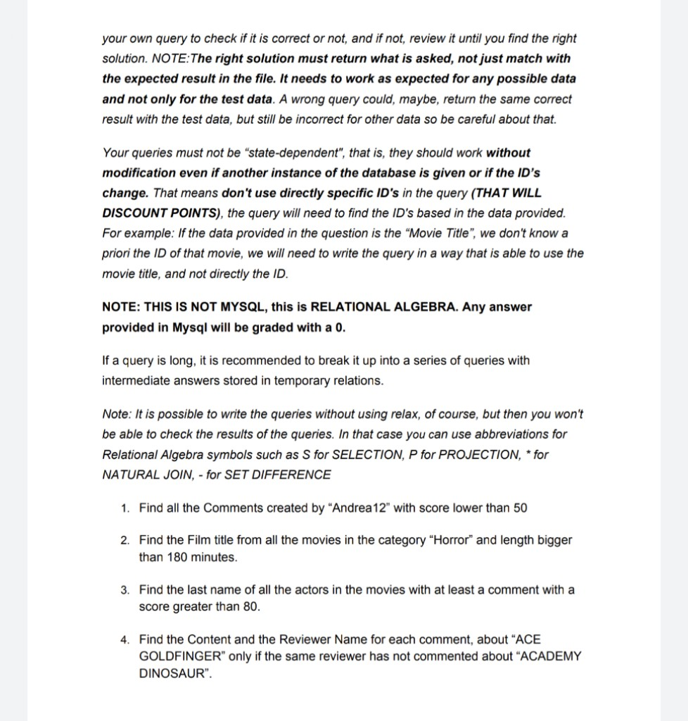 following queries in relational algebra, using the schema provided for the MOVIES