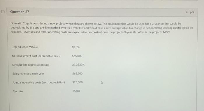  D Question 27 20 pts Dramatic Corp. is considering a new