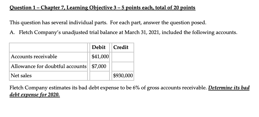 Question 1 - Chapter 7, Learning Objective 3 5 points each,