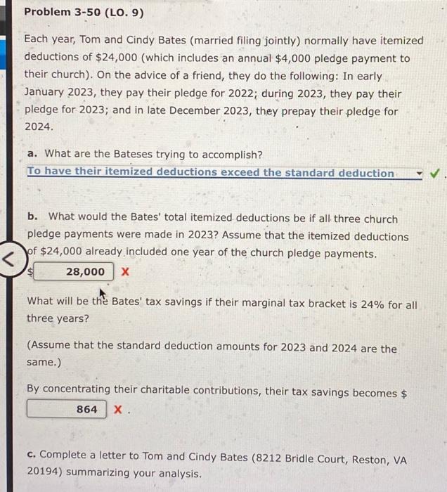  Problem 3-50 (LO. 9) Each year, Tom and Cindy Bates (married