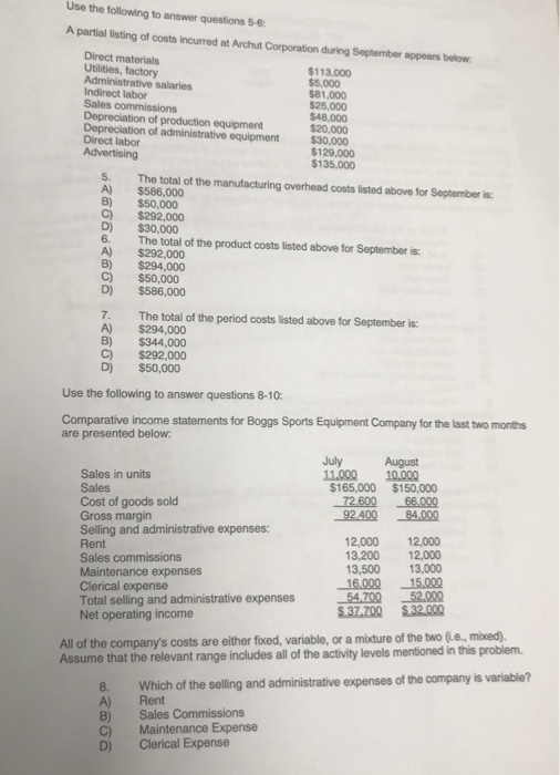  Use the following to answer questions 5-6 A partial listing of