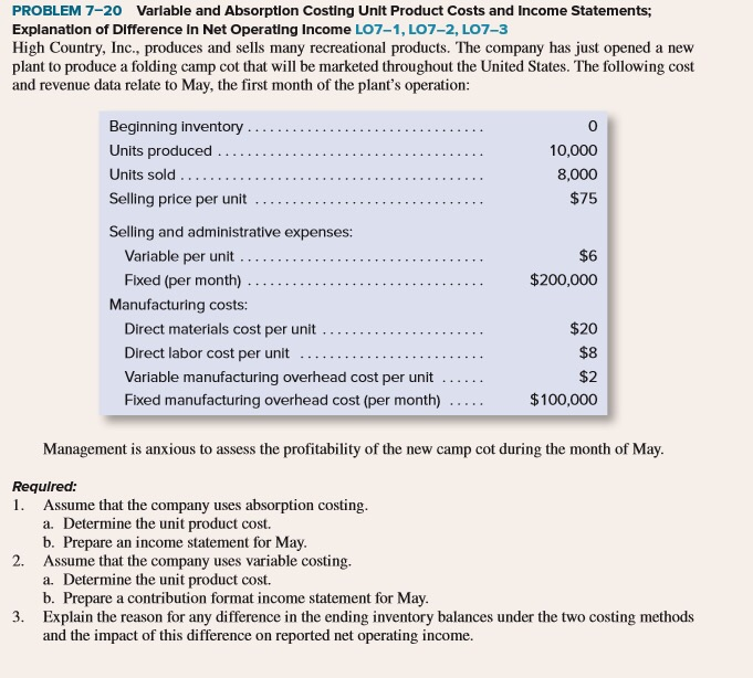 PROBLEM 7-20 Variable and Absorption Costing Unit Product Costs and Income