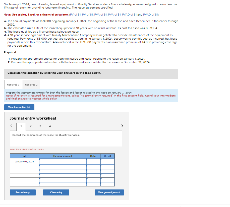  On January 1,2024, Lesco Leasing leased equipment to Quality Services under