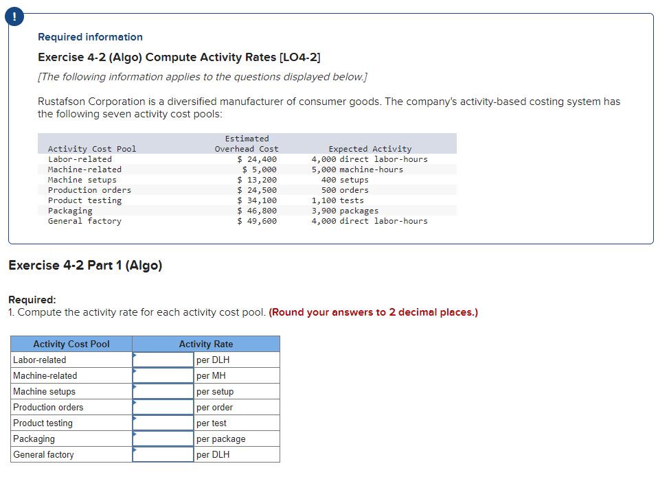  Exercise 4-2(Algo) Compute Activity Rates [LO4-2] Skip to question [The following