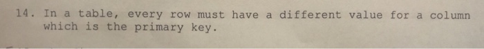  Databases (SQL), true or false 14. In a table, every row