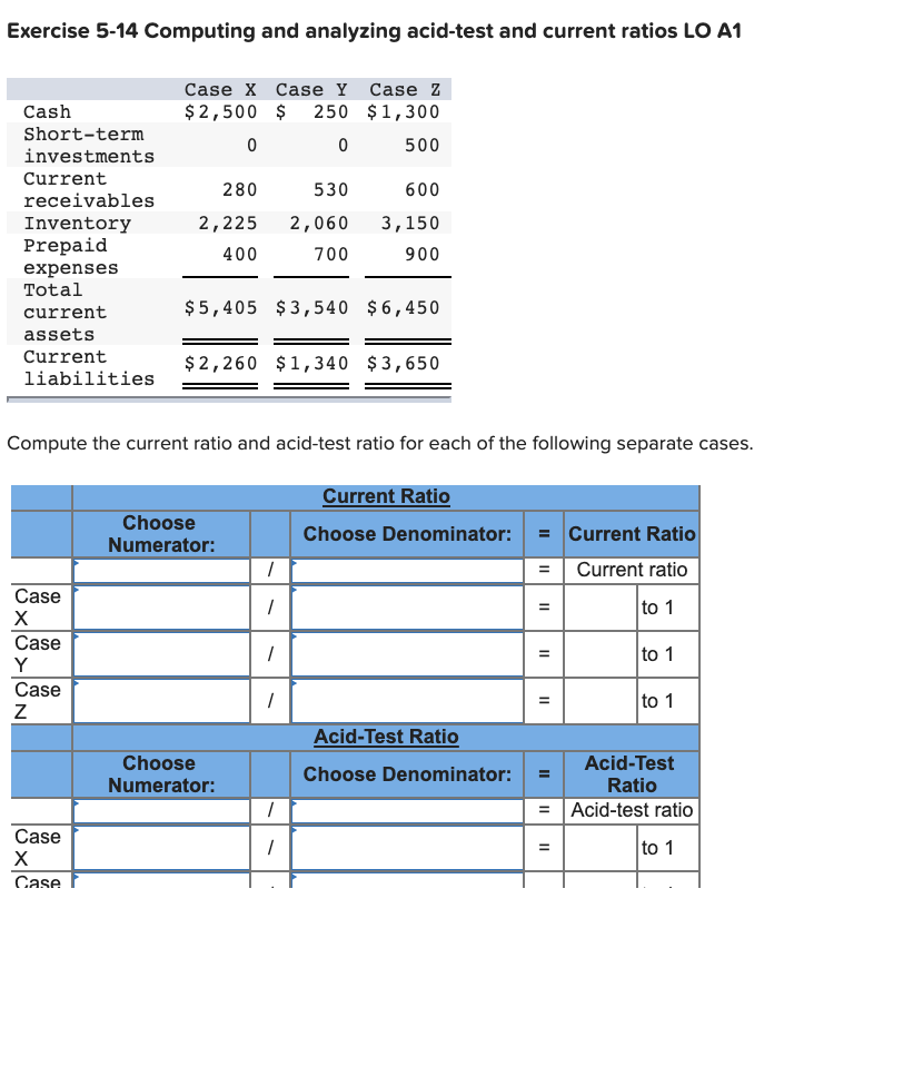  Exercise 5-14 Computing and analyzing acid-test and current ratios LO A1