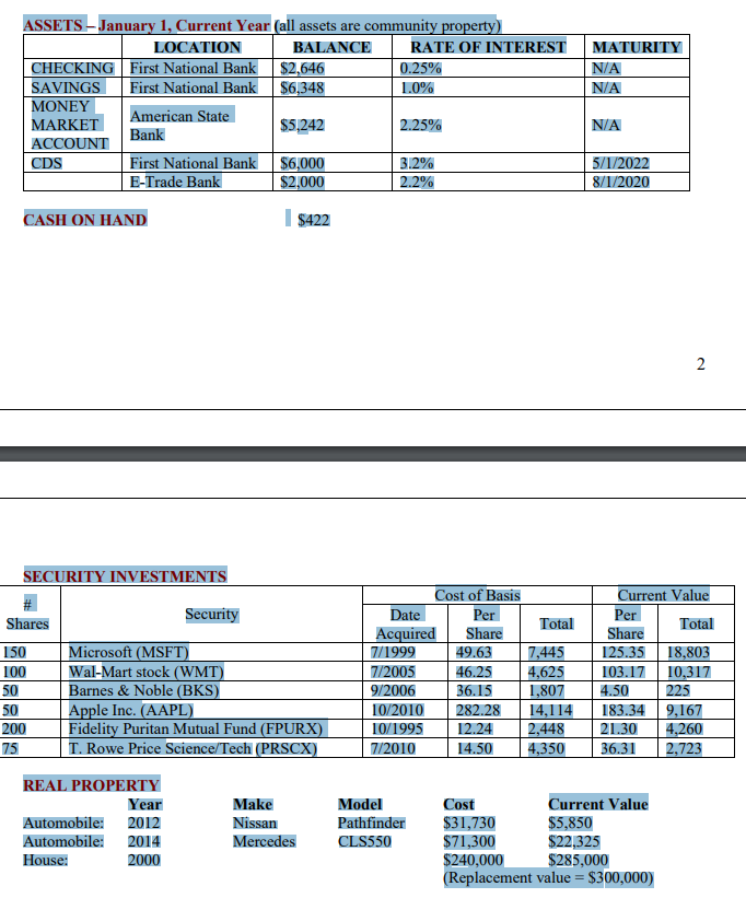 Q1: Using the asset and liability information, in EXCEL develop a balance