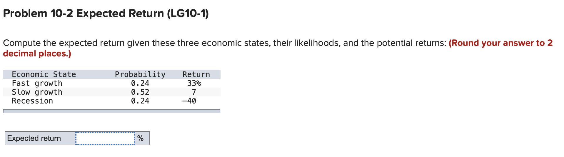  Problem 10-2 Expected Return (LG10-1) Compute the expected return given these