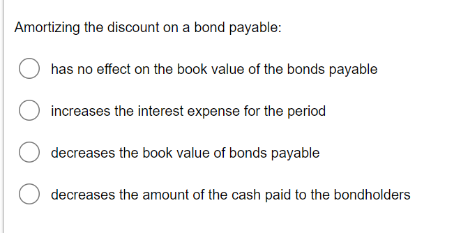  Amortizing the discount on a bond payable: has no effect on