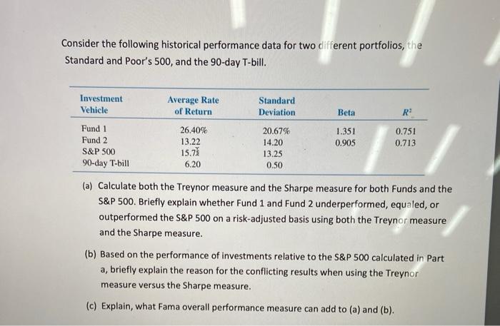  Consider the following historical performance data for two different portfolios, the