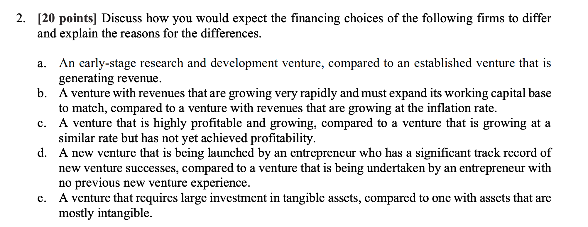  2. [20 points] Discuss how you would expect the financing choices