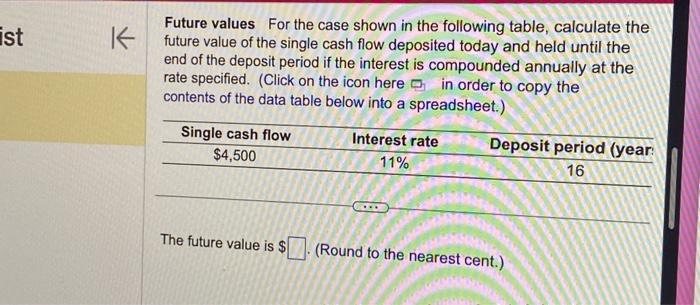  Future values For the case shown in the following table, calculate