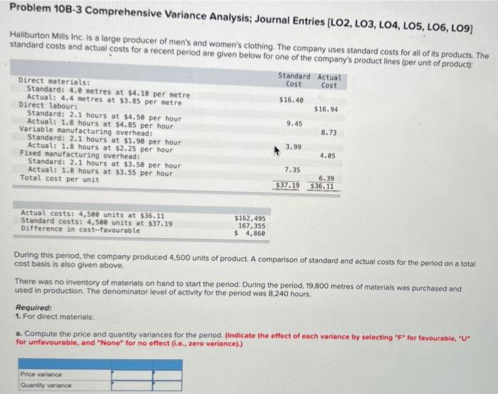  Problem 10B-3 Comprehensive Variance Analysis; Journal Entries [LO2, LO3, LO4, LO5,