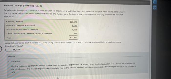  Problem 10-20 (Algorithmic) (LO. 2) Reba is a single taxpayer. Lawrence,
