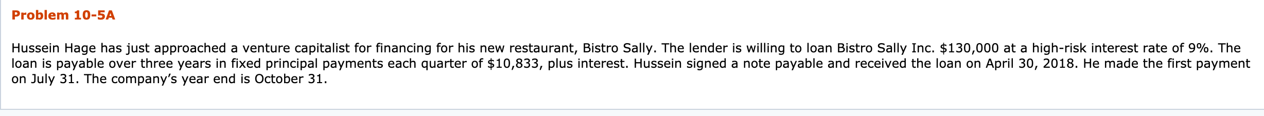  Problem 10-5A Hussein Hage has just approached a venture capitalist for
