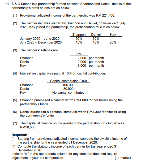 a) S & D Saloon is a partnership formed between Shannon