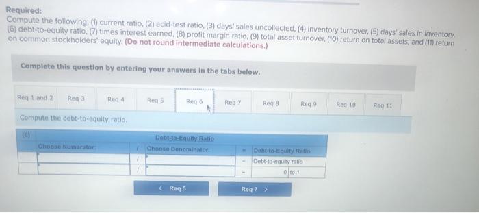 days' sales uncollected, (4) inventory turnover. (5) days' sales in inventory (6)